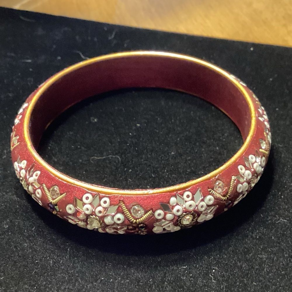Wine Colored Inlay Beaded Bangle Bracelet
